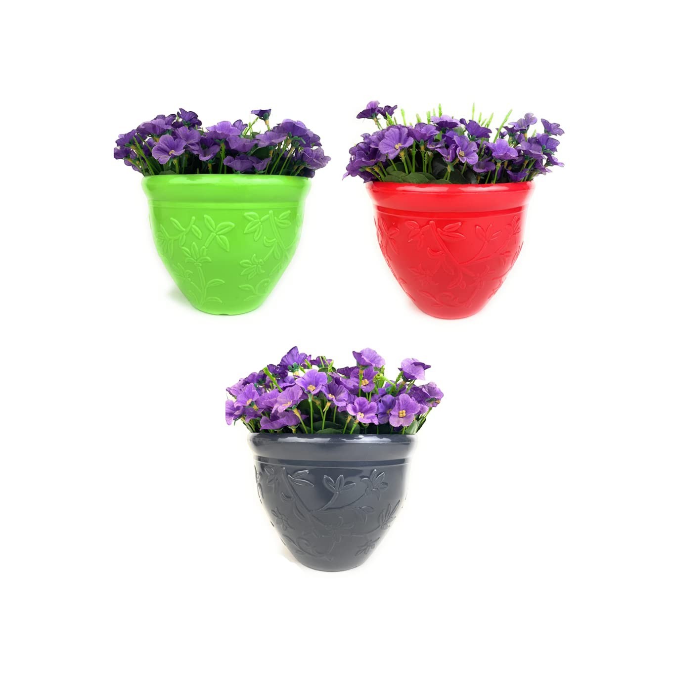 GoHooked set of 2 multicolor plastic planter pots with embossed floral design. Green, red, and grey pots filled with purple flowers.