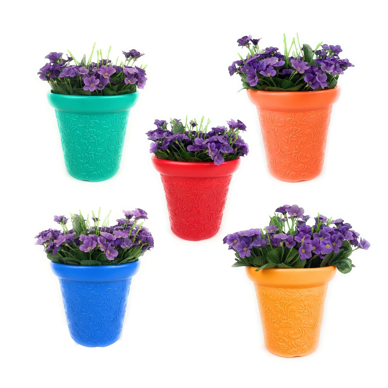 GoHooked set of 4 multicolor plastic planter pots with embossed floral pattern, holding purple flowers.