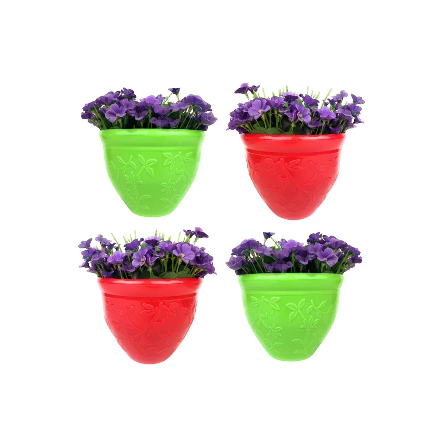 GoHooked set of 3 multicolor plastic planter pots with embossed floral design, filled with purple flowers.
