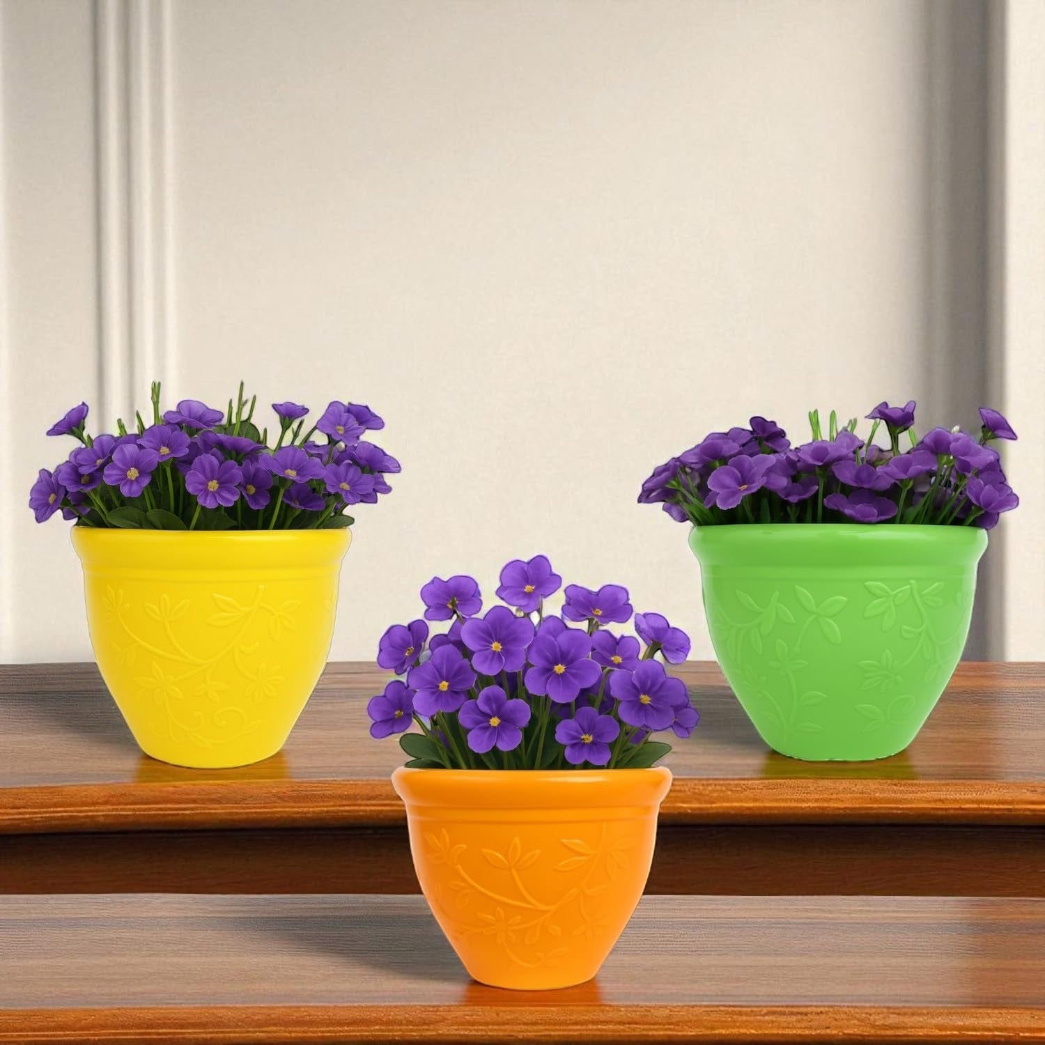GoHooked set of 3 multicolor plastic planter pots with embossed floral design, perfect for indoor/outdoor plants.