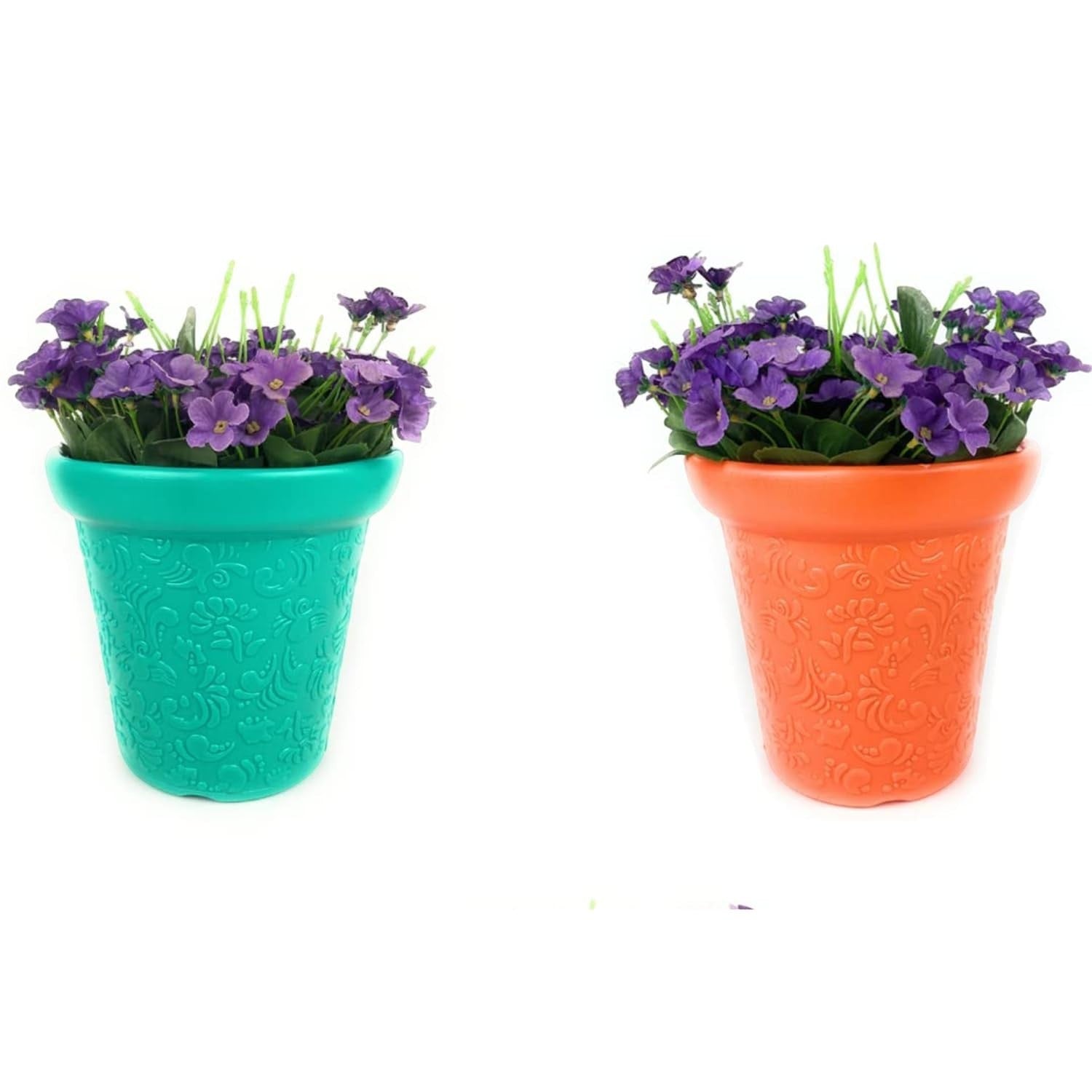 GoHooked set of 2 multicolor plastic planter pots with embossed floral pattern. One pot is teal, the other is orange. Both hold purple flowers.