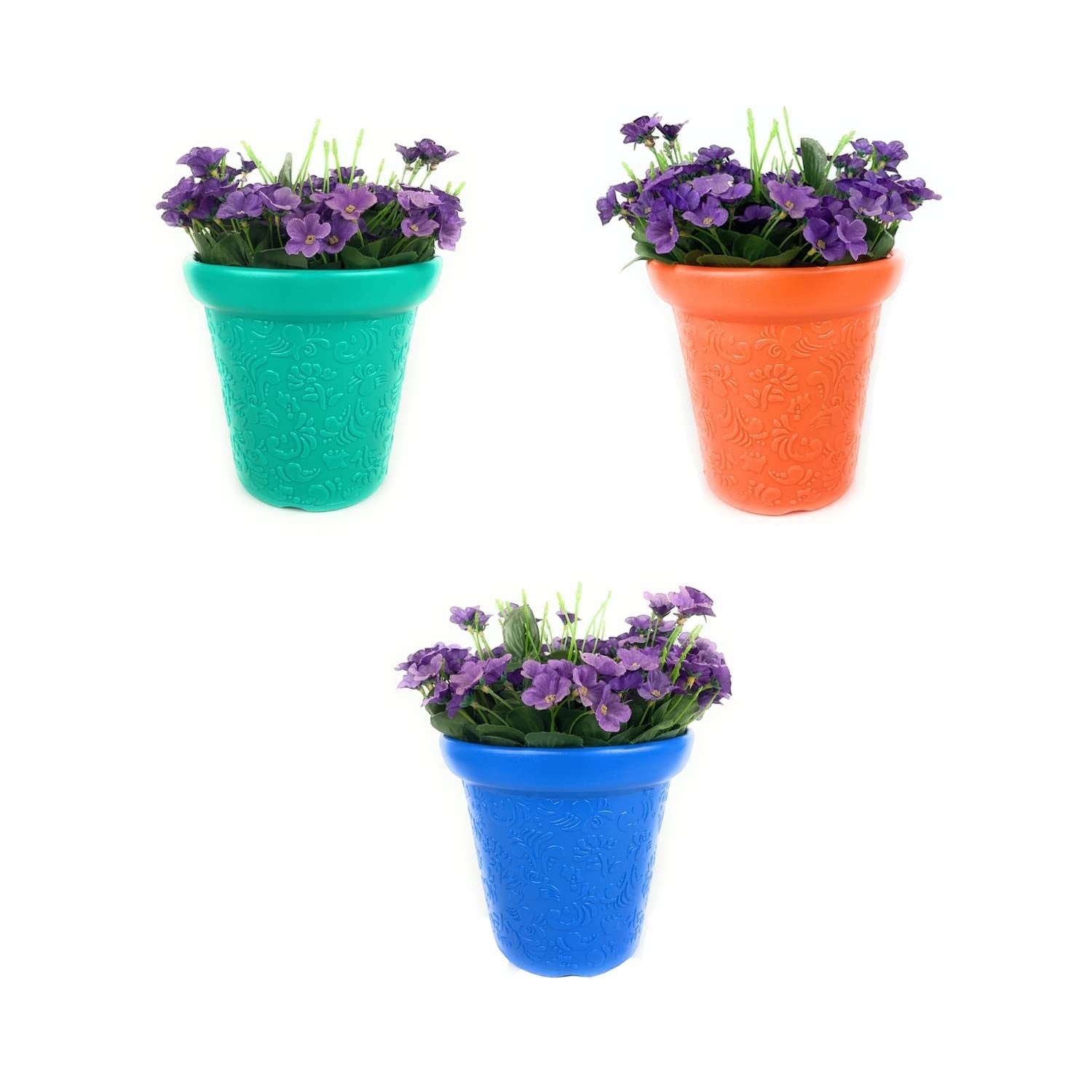 GoHooked set of 3 multicolor plastic planter pots with embossed floral pattern, holding purple flowers.