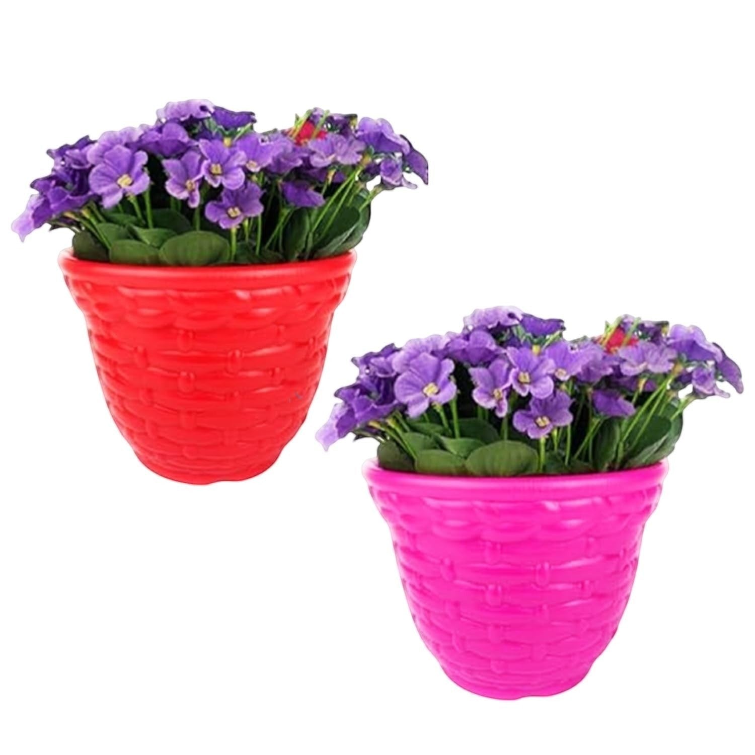 GoHooked set of 5 multicolor plastic planter pots with purple flowers, modern basket weave design, 13.7 inch bonsai pots.