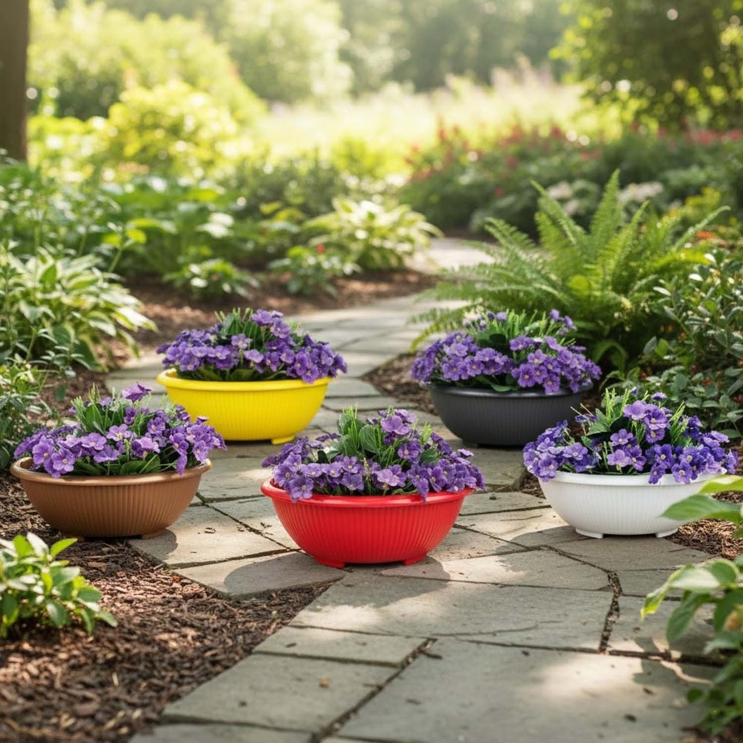 GoHooked set of 2 multicolor plastic planter pots with purple flowers, perfect for indoor/outdoor garden decor.