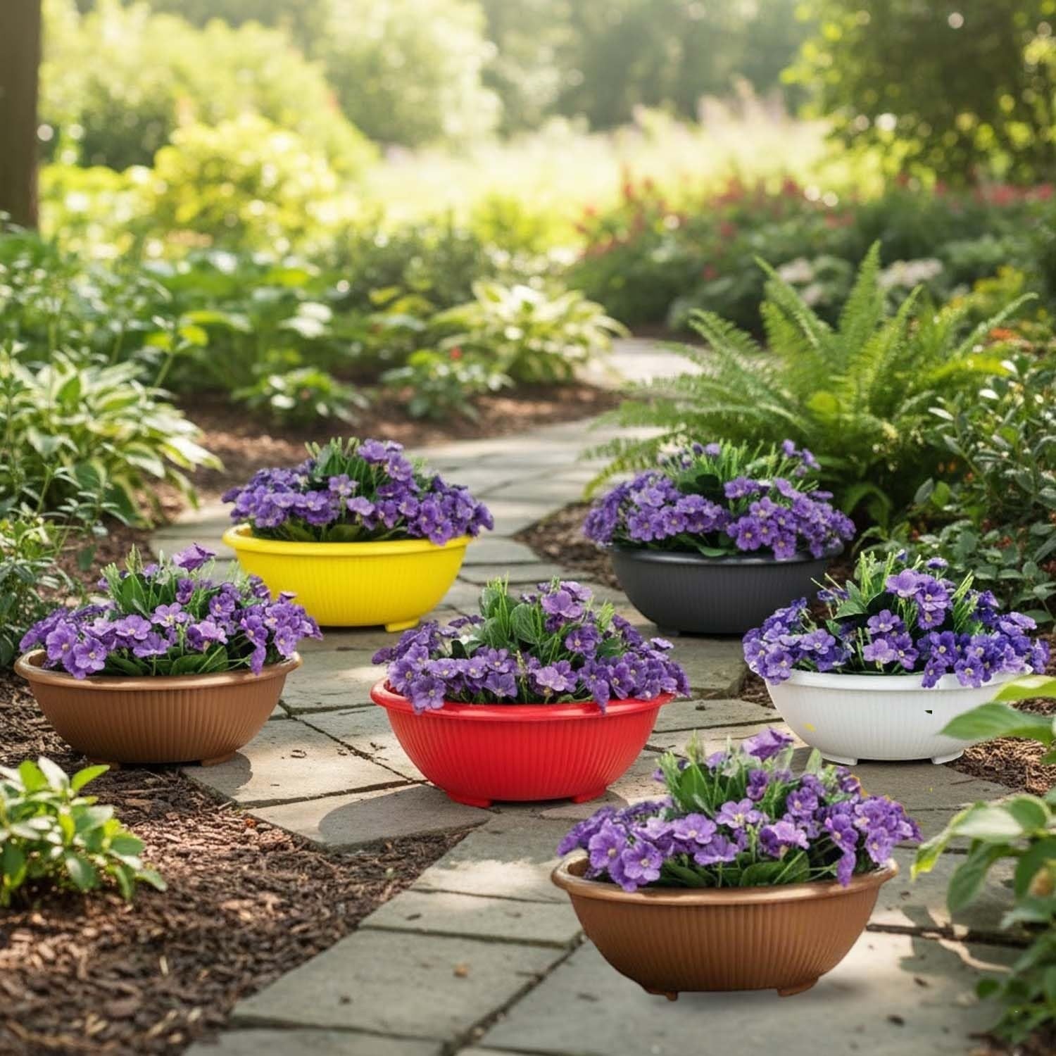 GoHooked set of 2 multicolor plastic planter pots with purple flowers, perfect for indoor/outdoor garden decor.