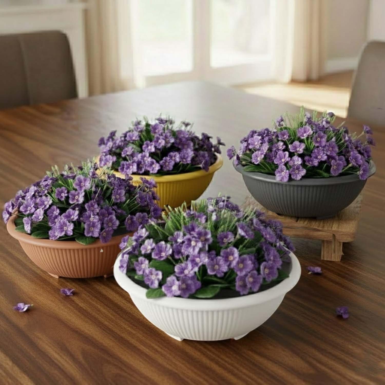 GoHooked set of 4 multicolor plastic planter pots with purple flowers, 8-inch Victory model.