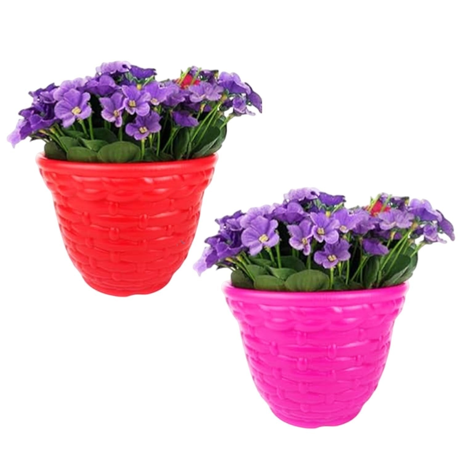 GoHooked set of 2 multicolor plastic planter pots with woven texture, one red, one pink, holding purple flowers.