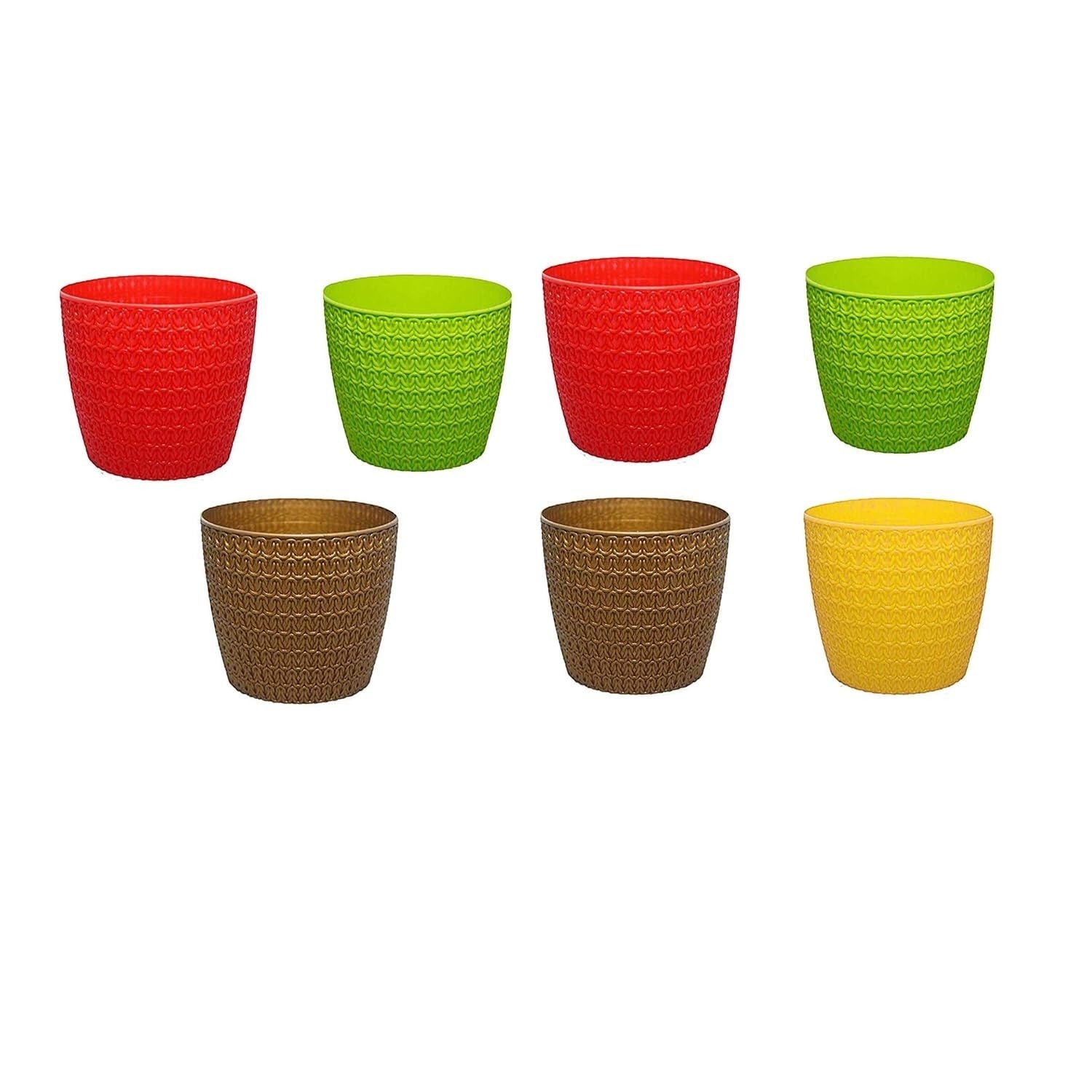 GoHooked set of 2 multicolor plastic planter pots with textured design. Available in red, green, brown, and yellow.