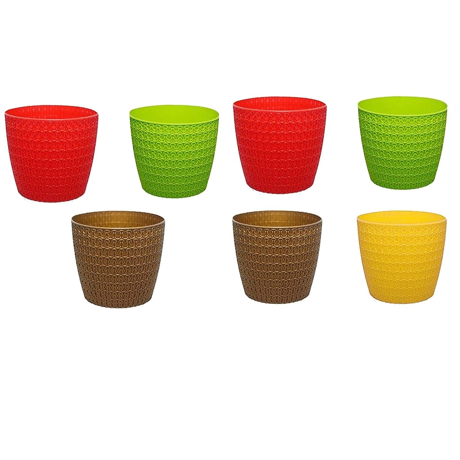 GoHooked set of 2 multicolor plastic planter pots with textured design. Available in red, green, brown, and yellow.