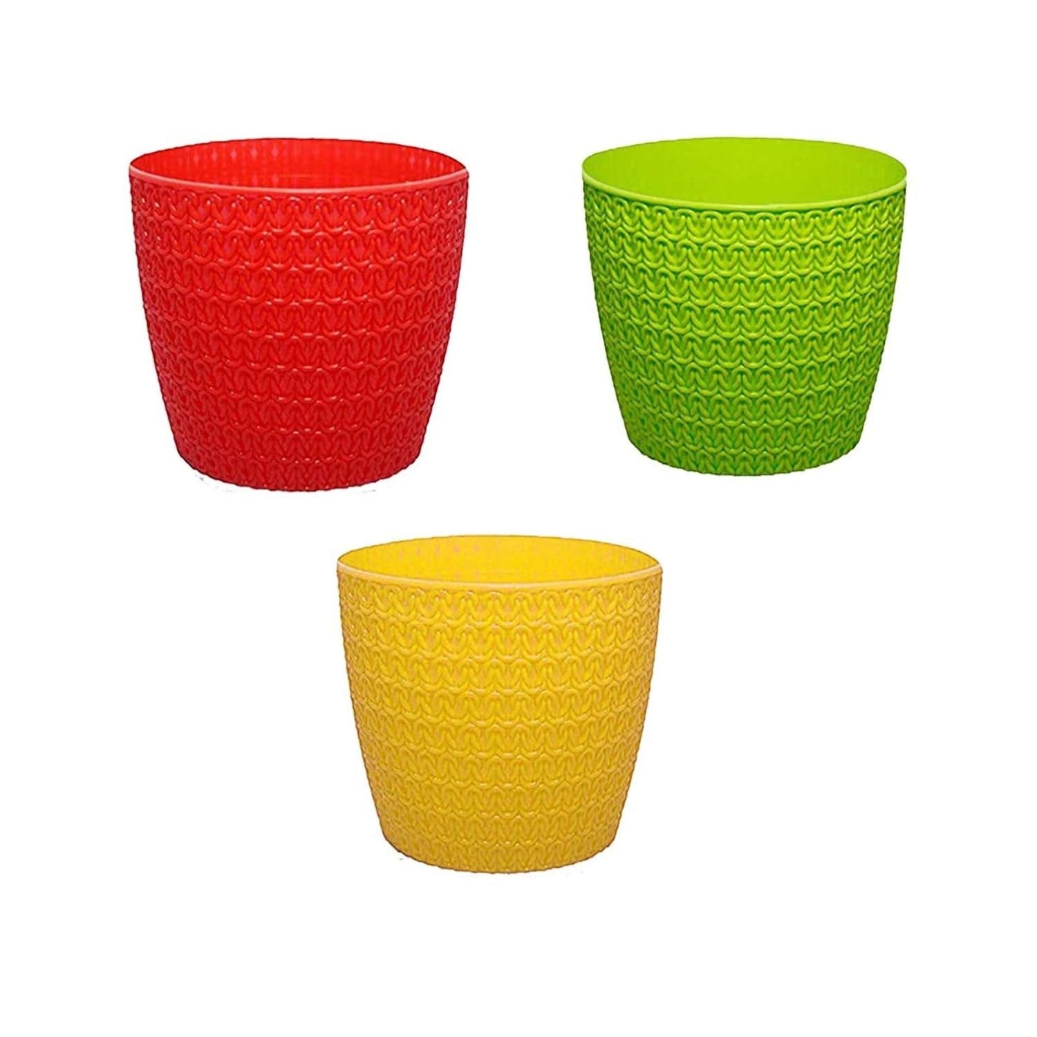 GoHooked set of 2 multicolor plastic planter pots with a textured knit design. Includes red, green, and yellow pots.