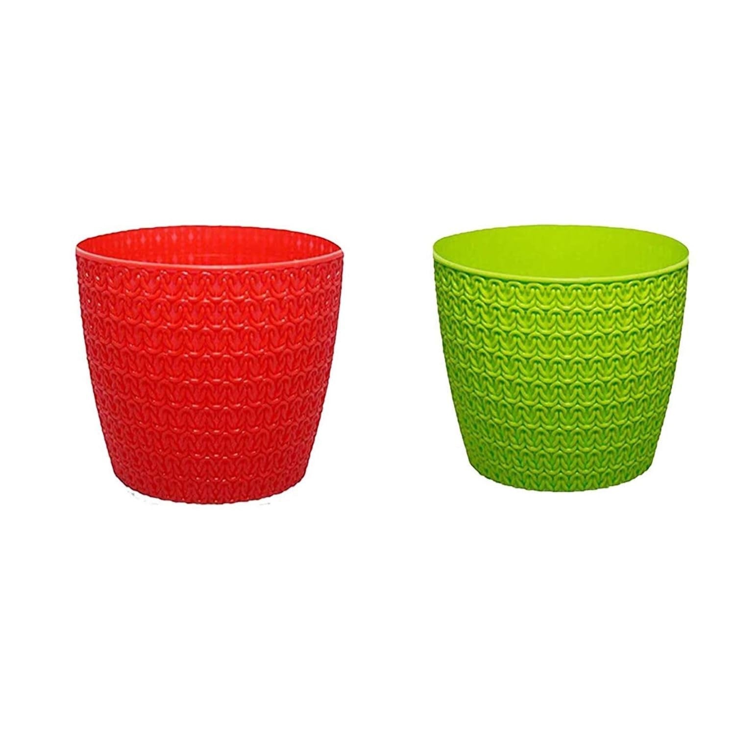 GoHooked set of 2 multicolor plastic planter pots with a textured knit design. One pot is red, the other is lime green.