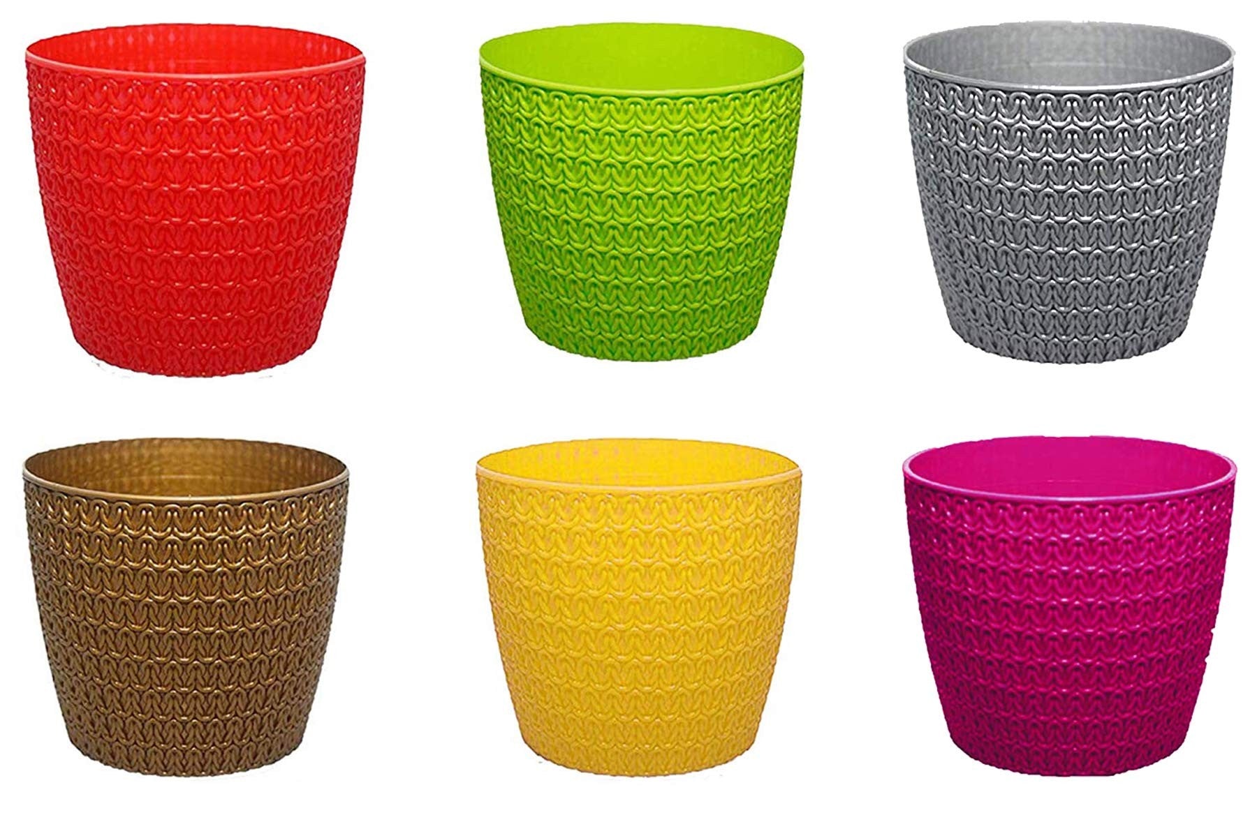 GoHooked set of 3 multicolor plastic planter pots with a woven texture design. Ideal for indoor/outdoor plants.