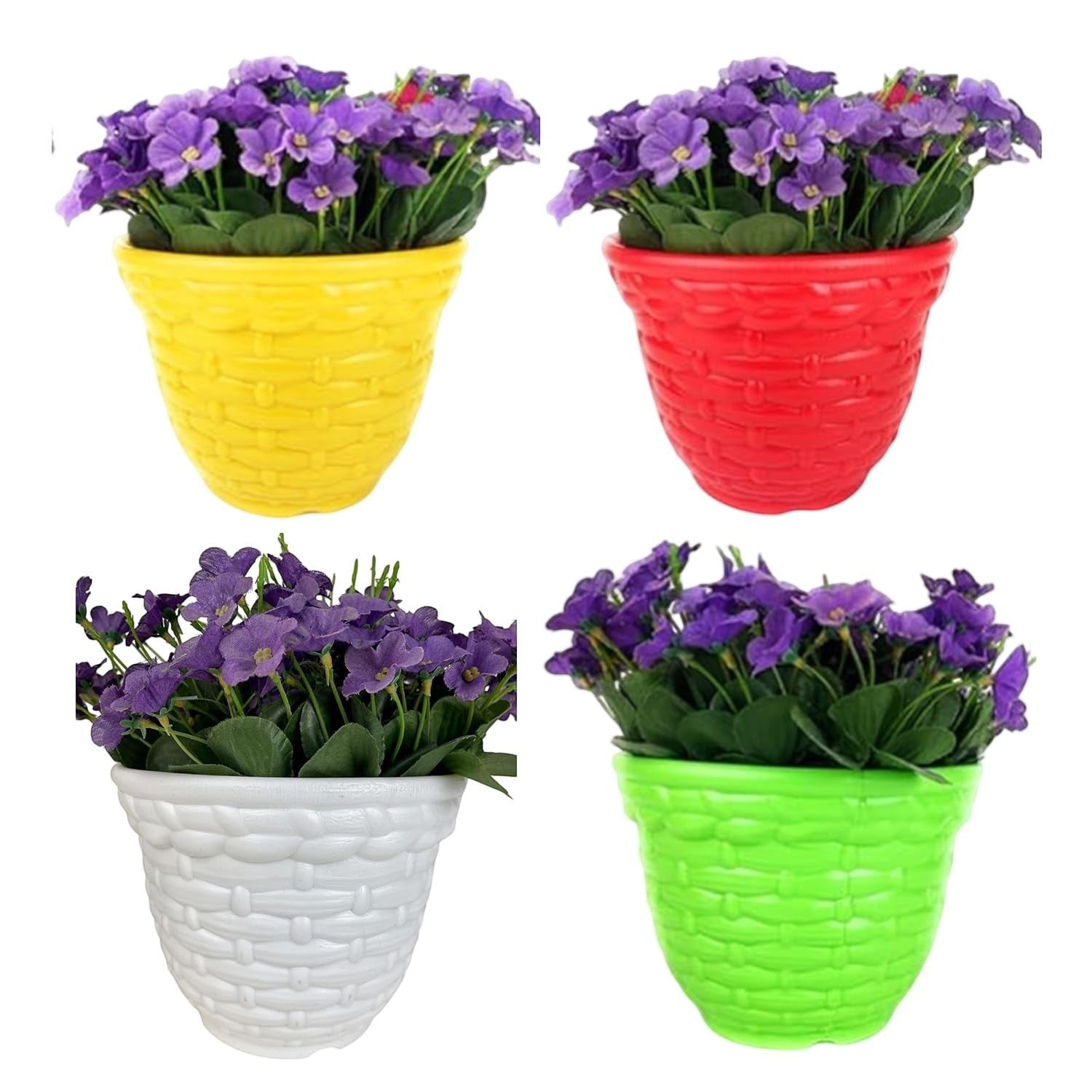 GoHooked set of 3 multicolor plastic planter pots with woven texture. Yellow, red, white, and green pots hold purple flowers.