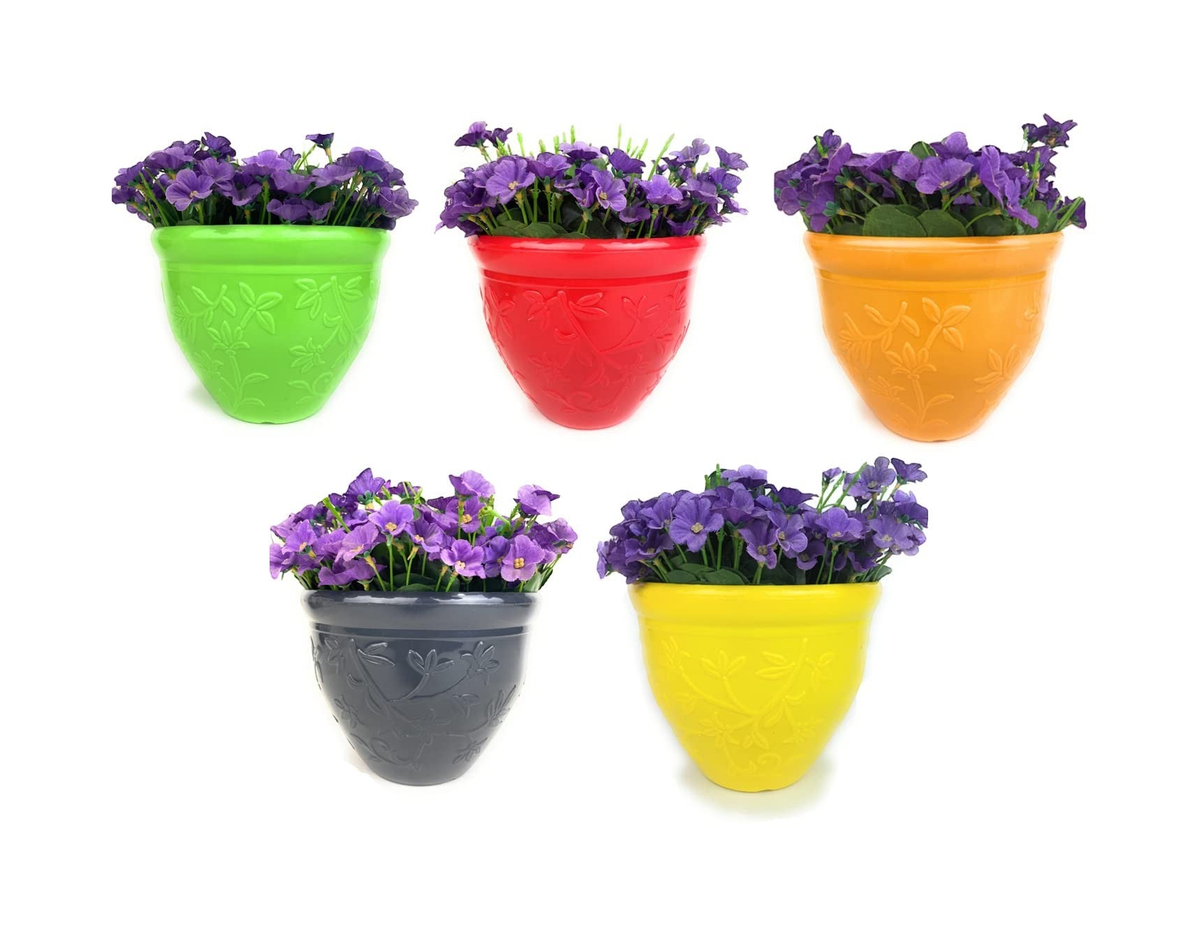 GoHooked set of 3 multicolor plastic planter pots with embossed floral design. Small Oslo 5.5 inch pots for indoor/outdoor plants.
