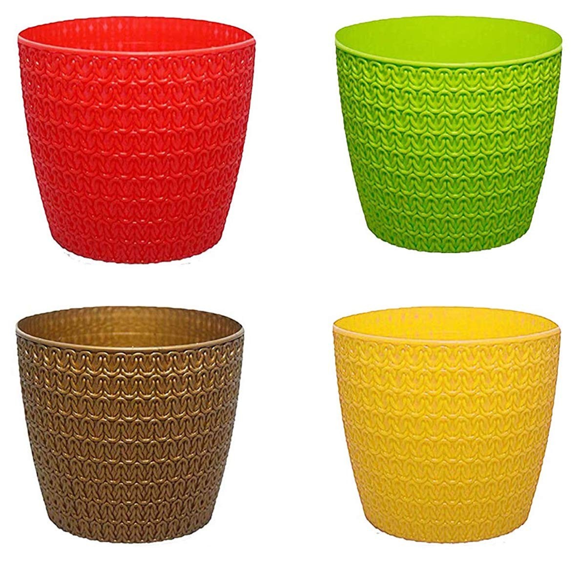 GoHooked set of 3 multicolor plastic planter pots with a textured knit design. Includes red, green, brown, and yellow pots.