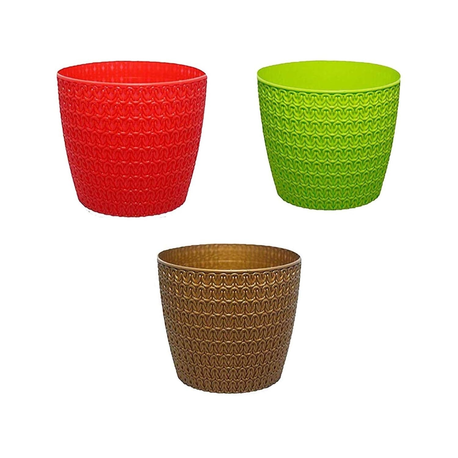 GoHooked set of 3 multicolor plastic planter pots with a woven texture design. Includes red, green, and brown pots.