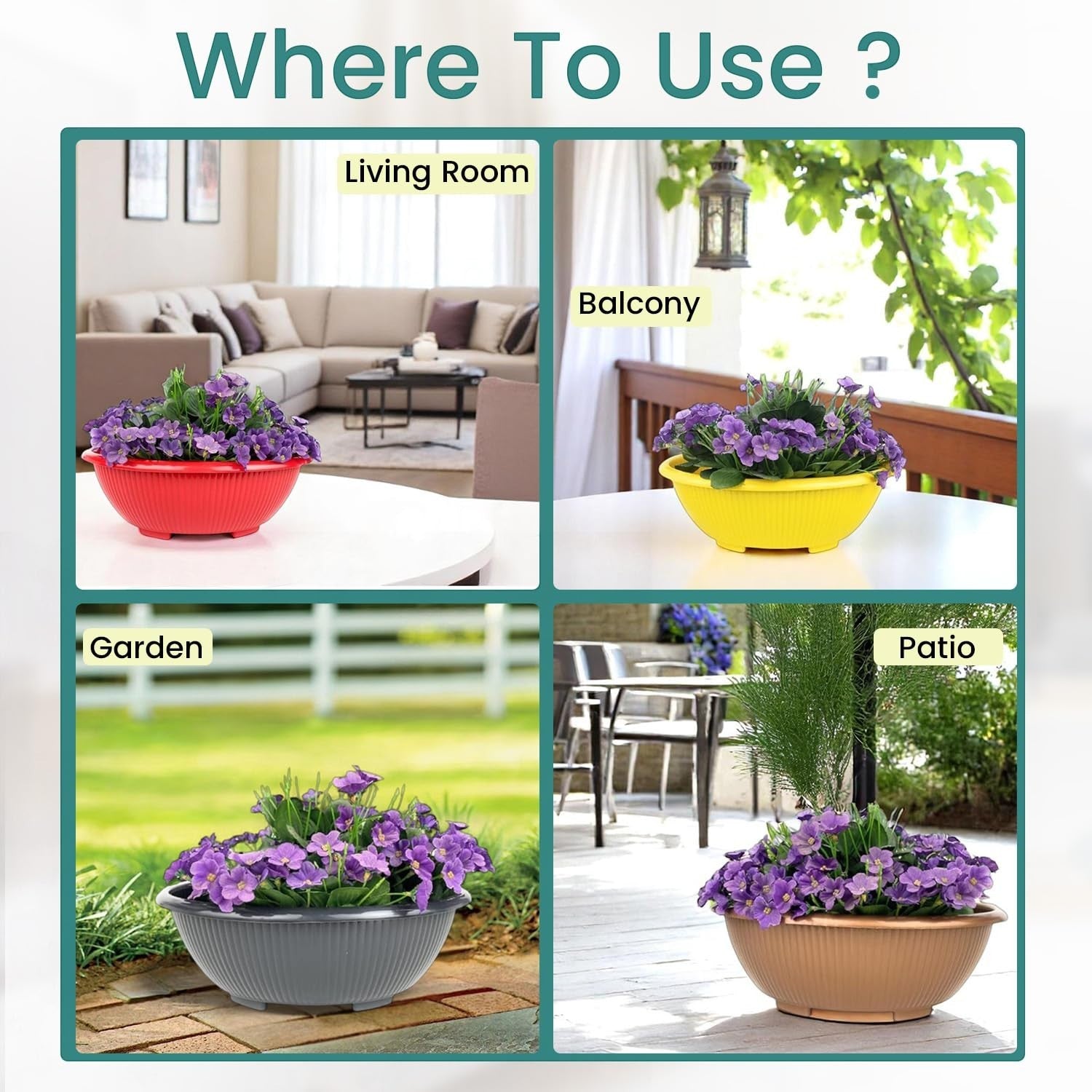 GoHooked set of 3 multicolor plastic planter pots with purple flowers, modern design for indoor/outdoor use.