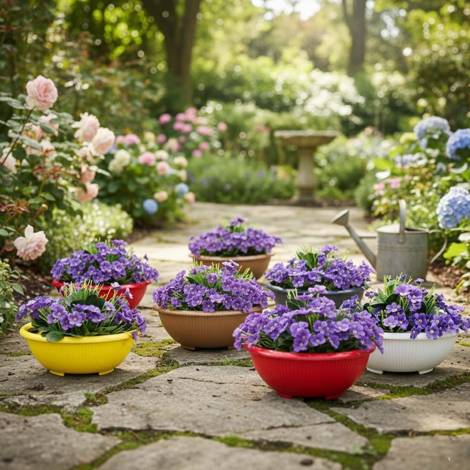 GoHooked set of 3 multicolor plastic planter pots with purple flowers, perfect for indoor/outdoor garden decor.