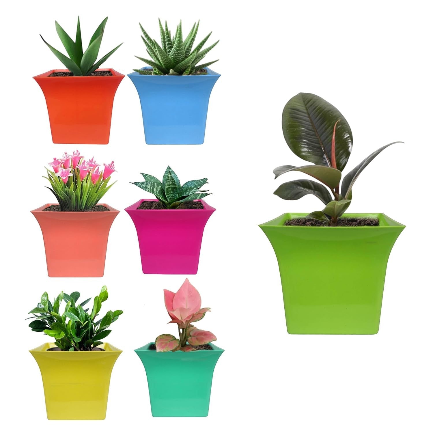 GoHooked set of 3 multicolor plastic planter pots with modern design for indoor/outdoor plants. Includes orange, blue, coral, pink, yellow, teal, and green pots.