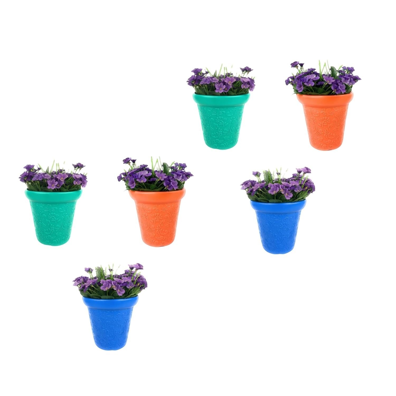GoHooked set of 3 multicolor plastic planter pots with embossed pattern, holding purple flowers. 5.5 inch size.