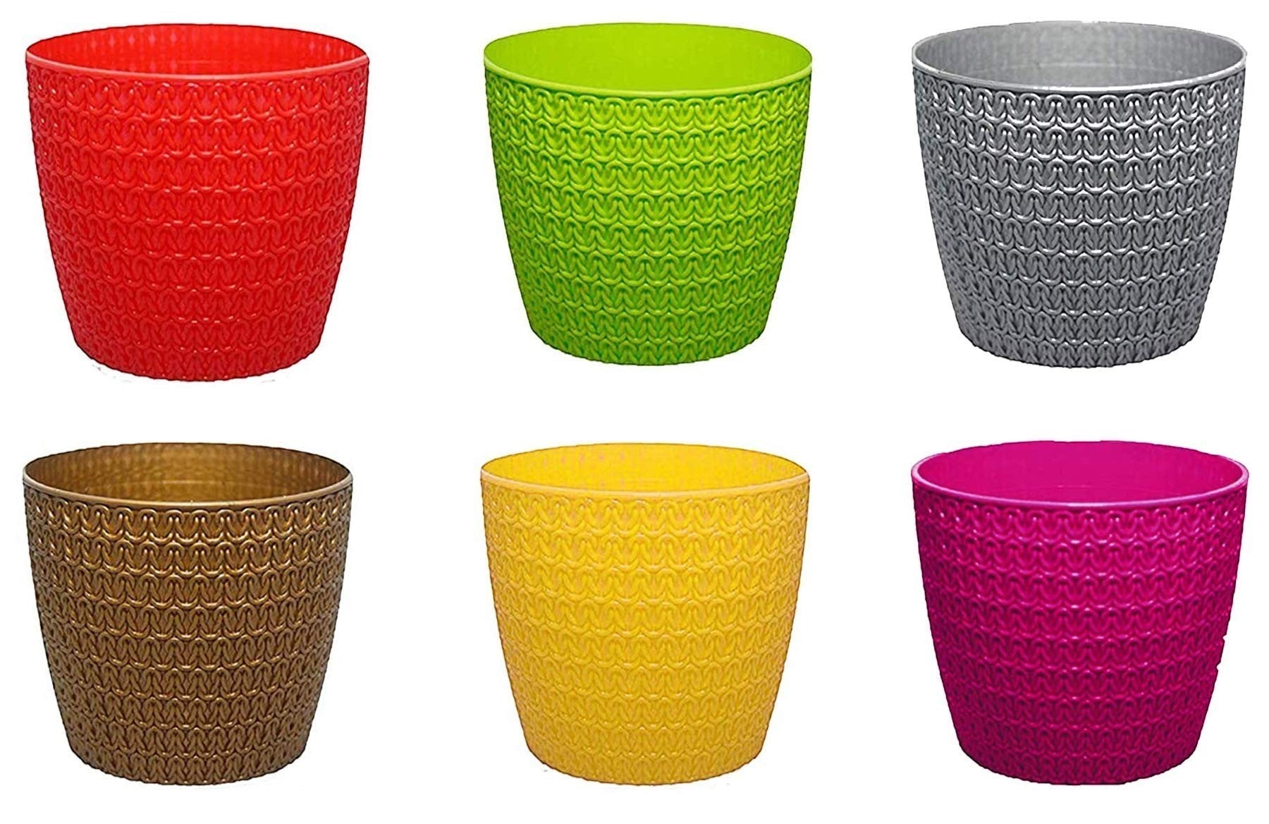 GoHooked set of 5 multicolor plastic planter pots with a modern knit-like texture. Ideal for indoor/outdoor plants.