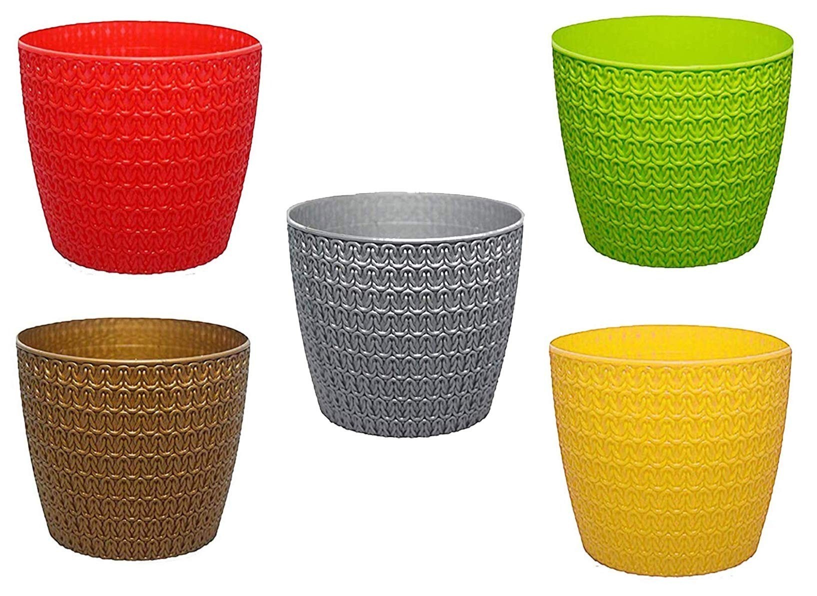 GoHooked set of 5 multicolor plastic planter pots with a textured knit design. Includes red, green, yellow, brown, and gray pots.