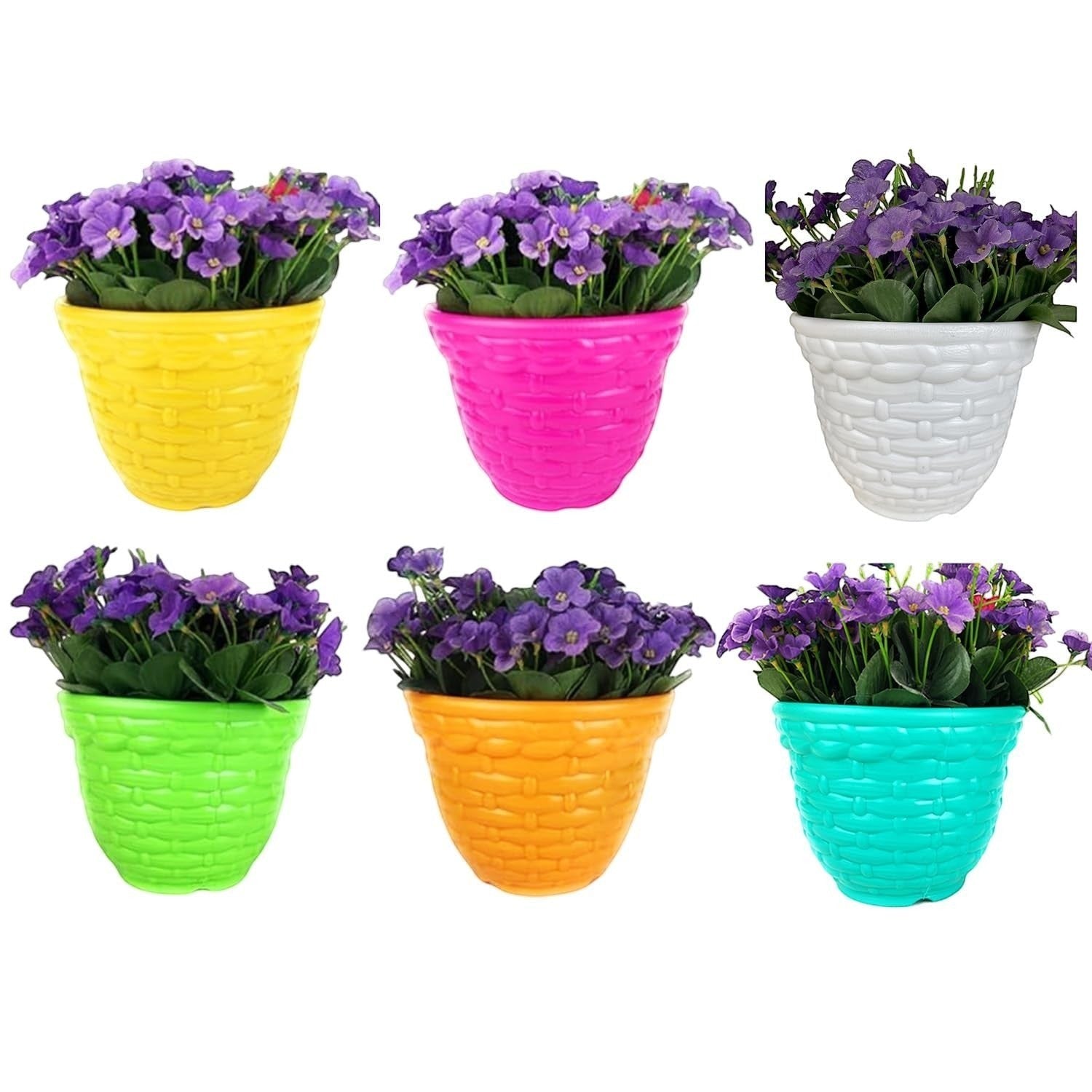 GoHooked set of 5 multicolor plastic planter pots with woven texture, holding purple flowers. Modern design for indoor/outdoor use.