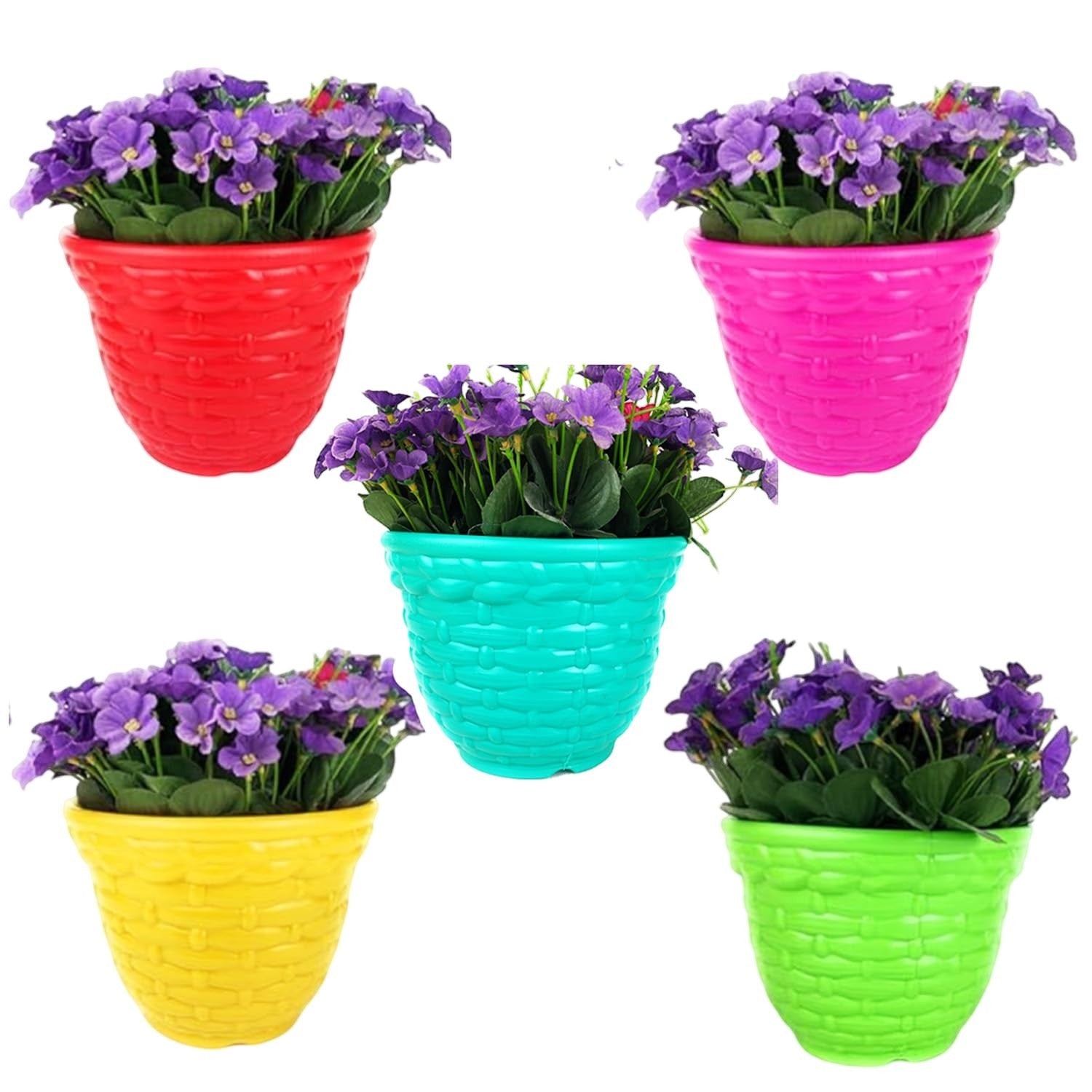 GoHooked set of 3 multicolor plastic planter pots with woven texture, holding purple flowers. Ideal for indoor/outdoor use.