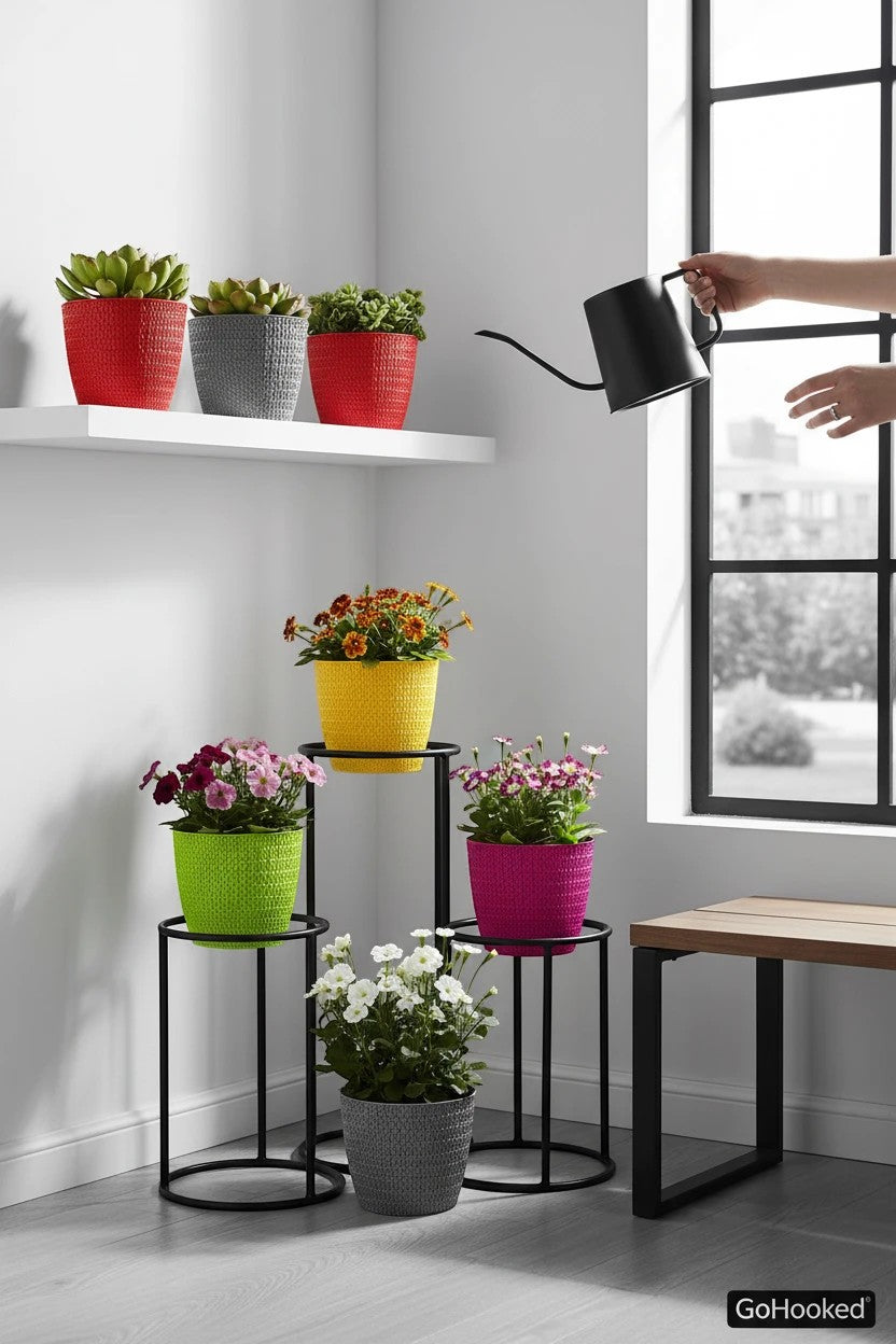 GoHooked multicolor plastic planters in 5.5-inch size, featuring a textured design. Set includes red, grey, green, yellow, and pink pots.