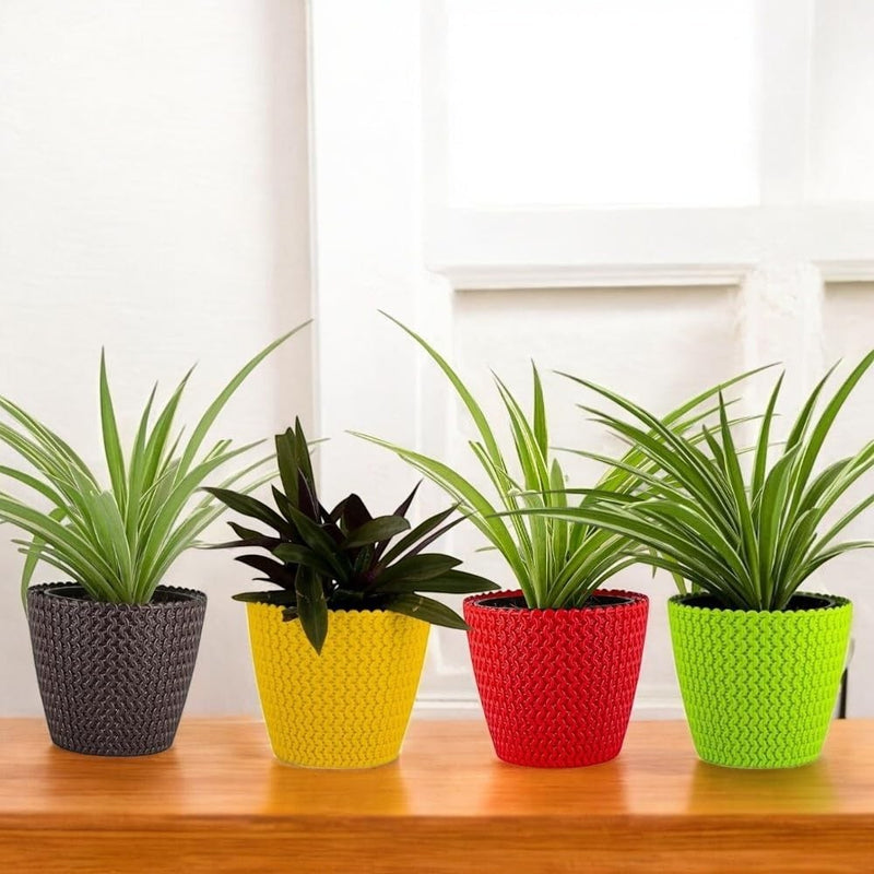 GoHooked 5.5 inch plastic planters in charcoal, yellow, red, and lime green with textured knit design. Set of 4.