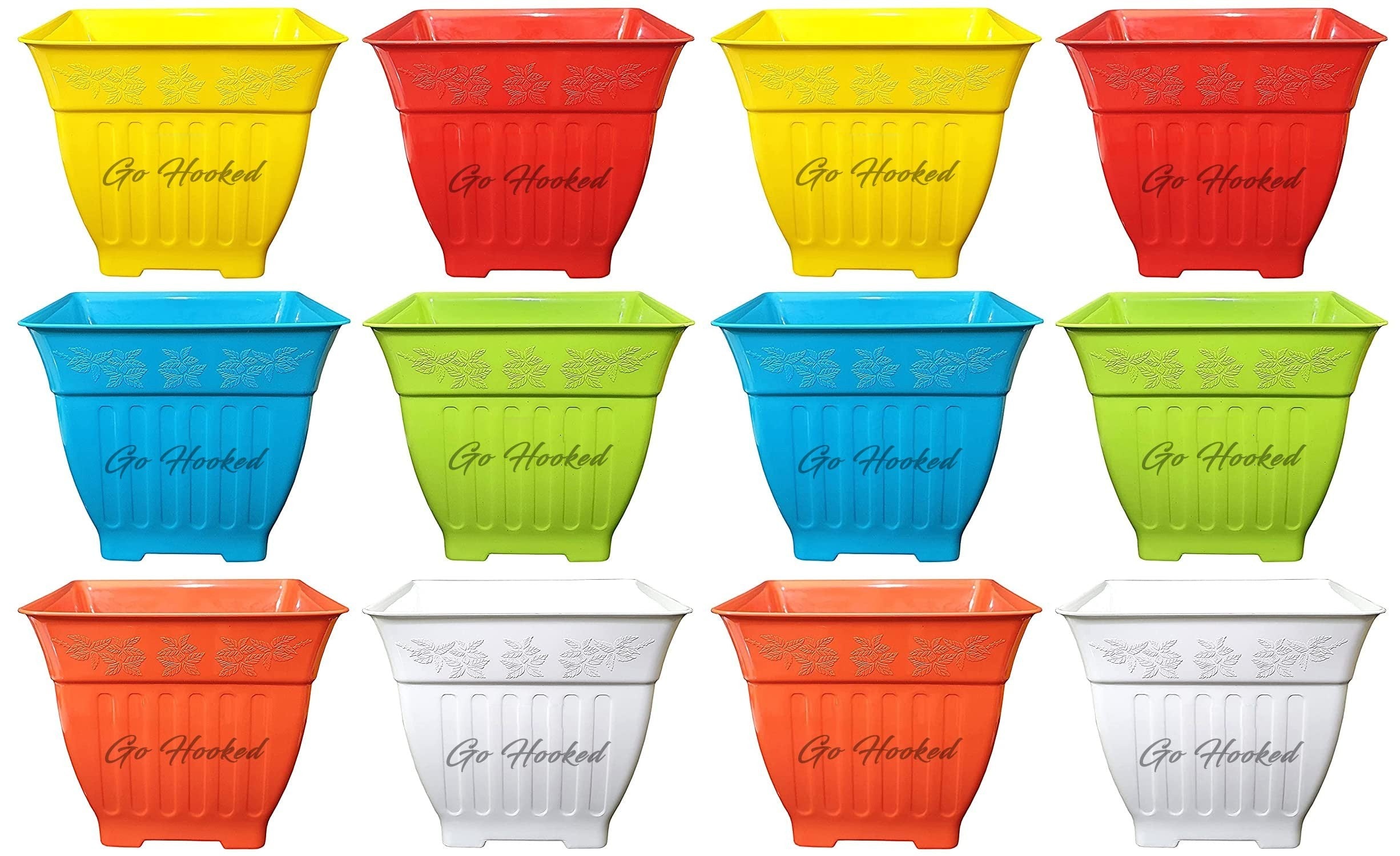 Go Hooked pack of 10 square plastic planters in yellow, red, blue, green, orange, and white with embossed floral detail.