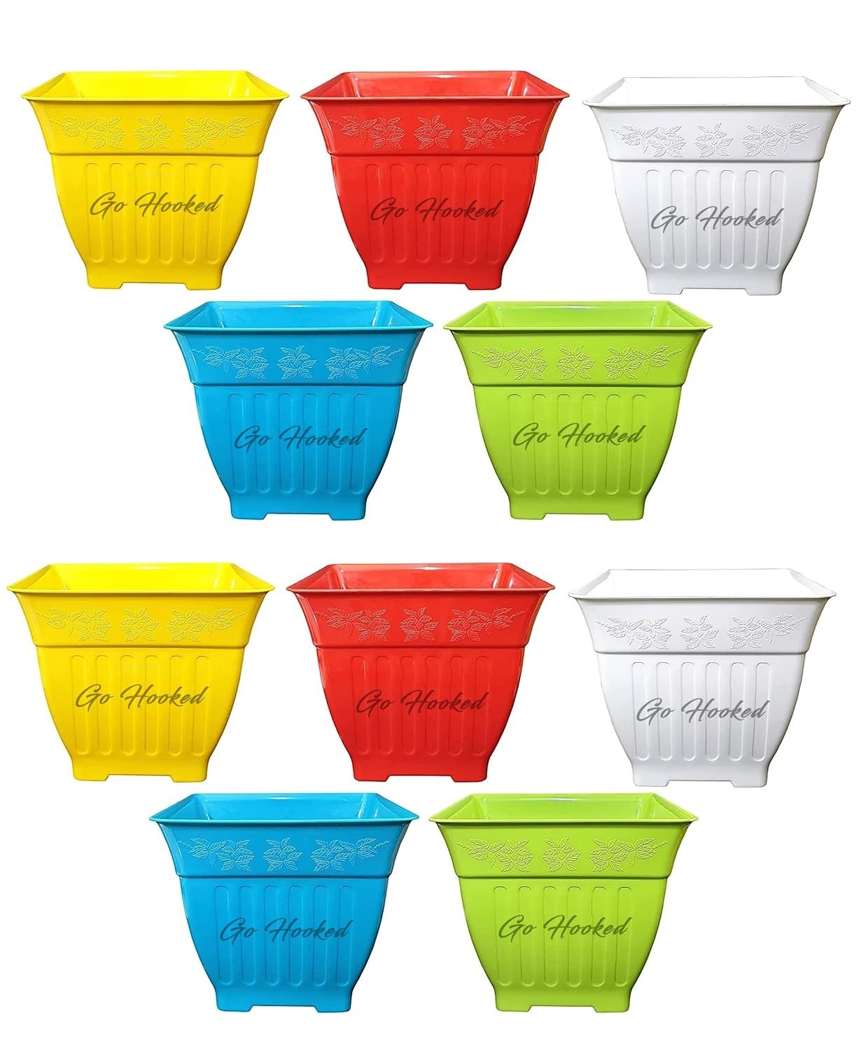 GoHooked pack of 10 square plastic planters in yellow, red, white, blue, and green. Decorative floral pattern.