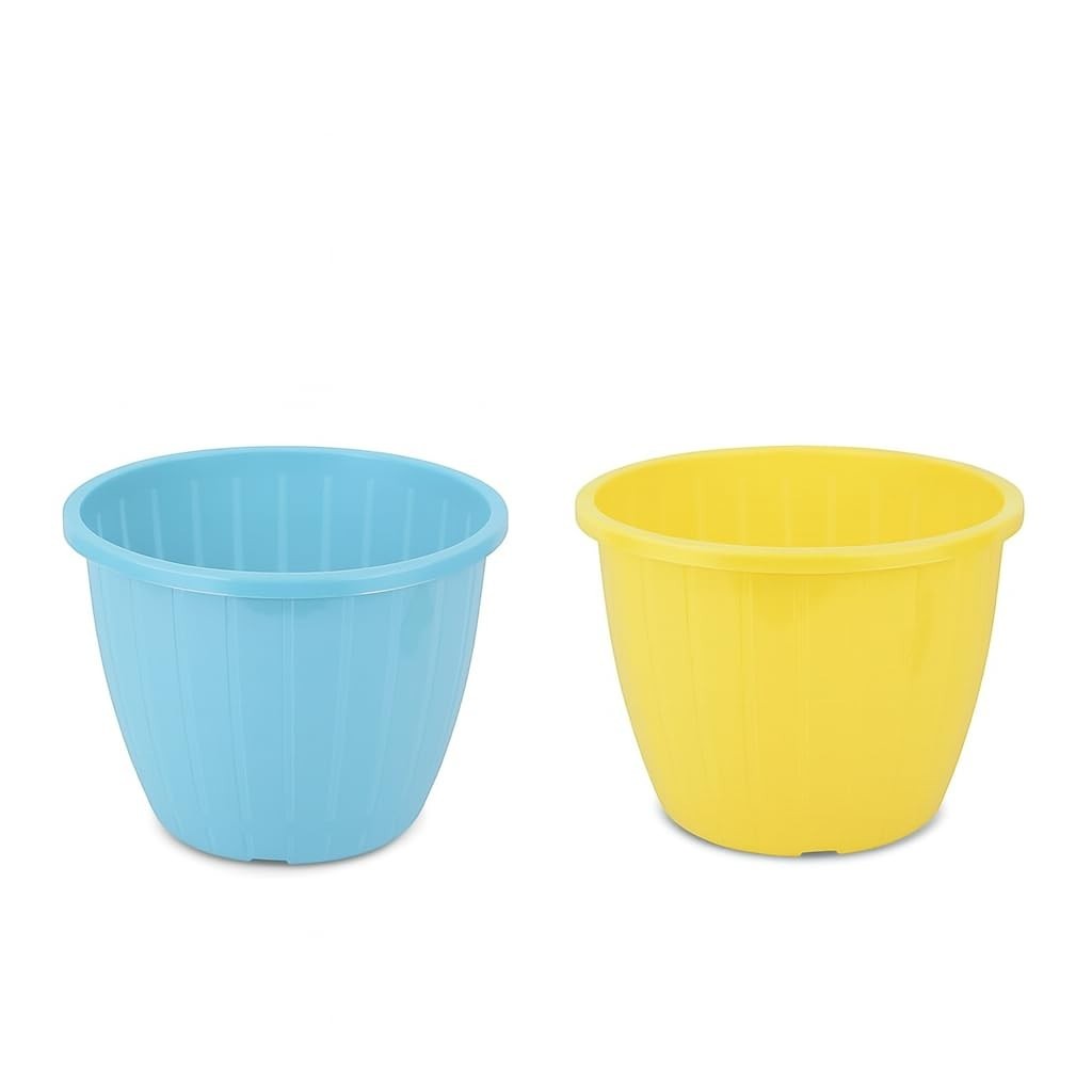 GoHooked pack of 2 multicolor plastic planters. One is light blue, the other is yellow. Both have a ribbed design.