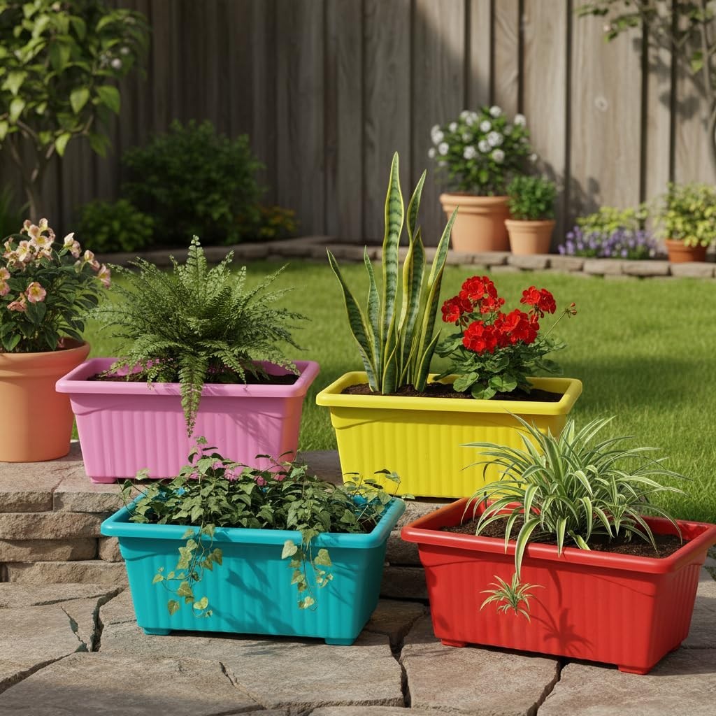 GoHooked Set of 3 multicolor plastic rectangular planters with ribbed texture, perfect for flowers, herbs, and plants.