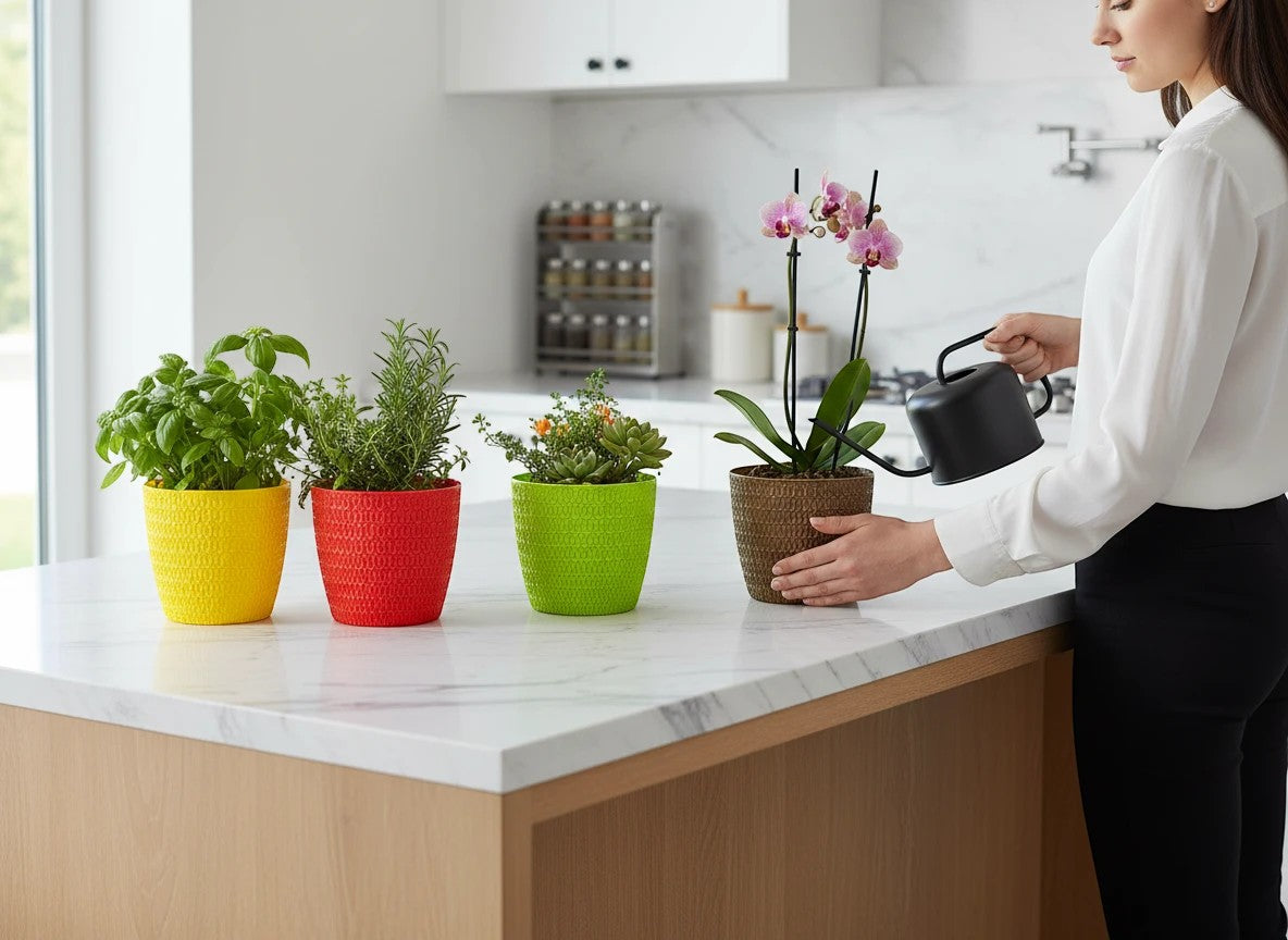 GoHooked Oslo plastic pots in yellow, red, green, and brown. Pack of 5, ideal for indoor/outdoor plants.
