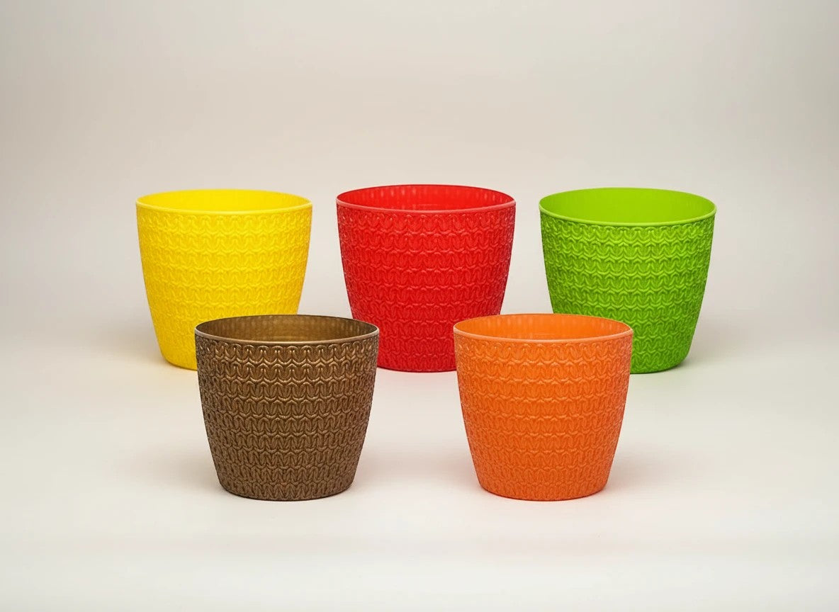 GoHooked set of 5 plastic plant pots in yellow, red, green, brown, and orange with a textured knit pattern.