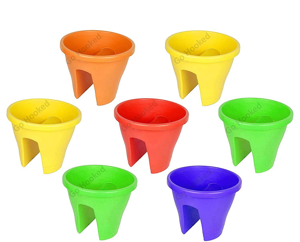 Go Hooked multicolour plastic railing flower pots, set of 7, 12 inch diameter, durable and easy to clean.