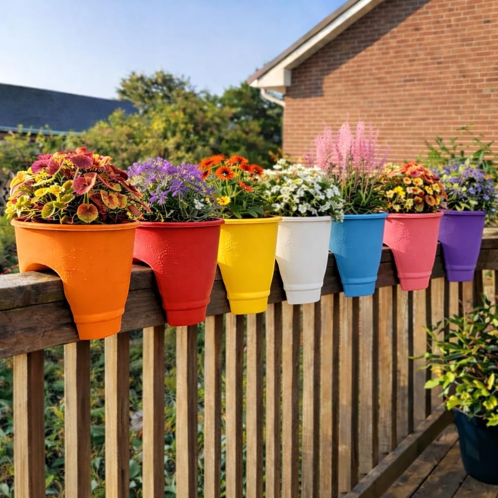 Go Hooked multicolour plastic railing flower pots filled with vibrant flowers, set of 7.