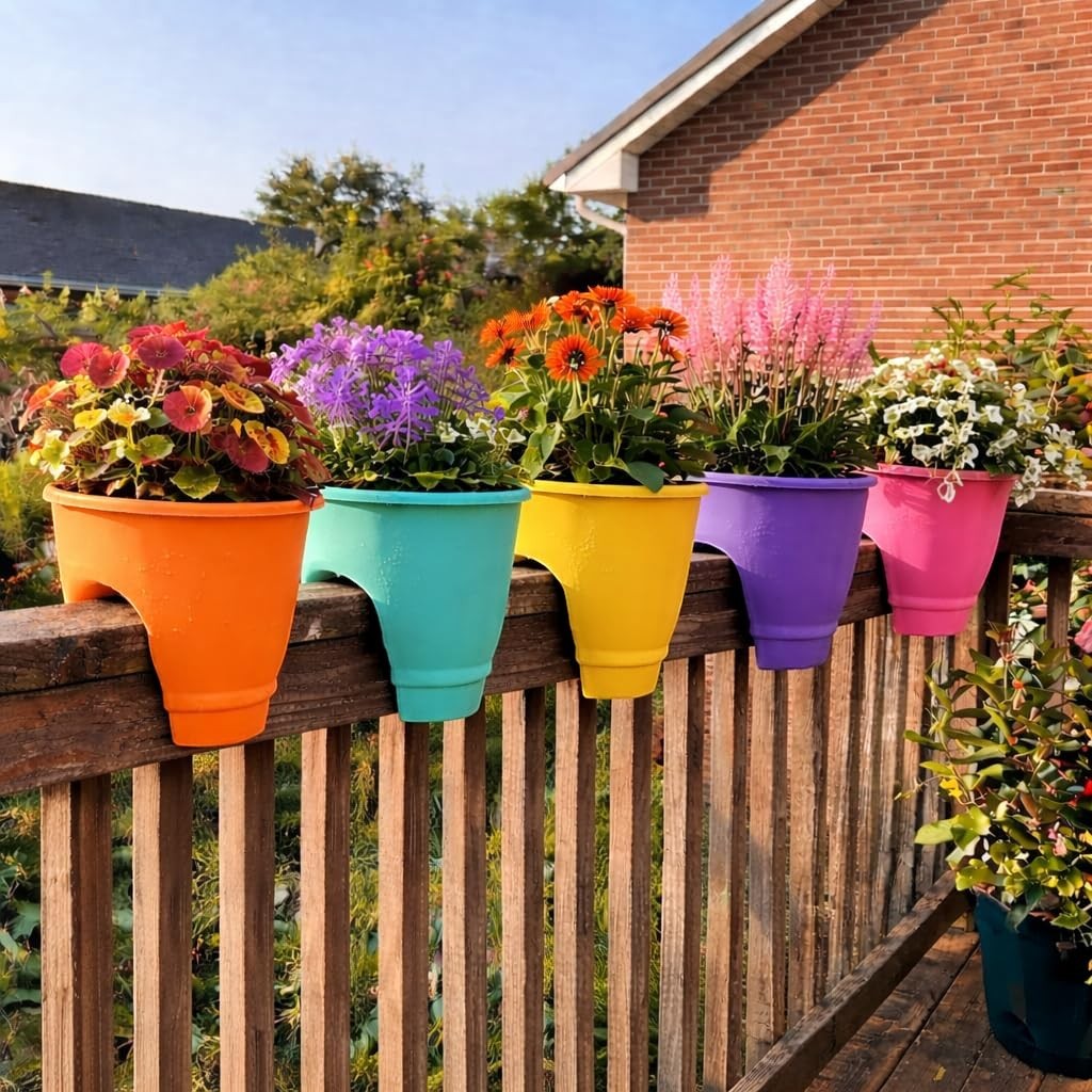GoHooked multicolour plastic railing flower pots with vibrant flowers on a wooden deck railing.
