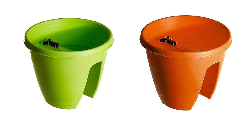Go Hooked set of 2, 12-inch plastic railing planters in lime green and orange. Designed for balconies.