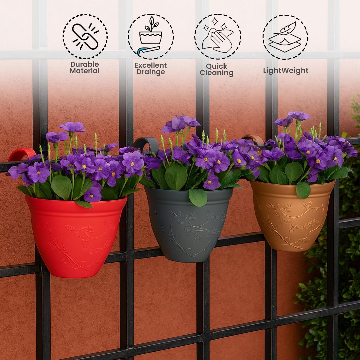 GoHooked multicolor set of 3 unbreakable plastic railing planters with purple flowers, ideal for balcony gardening.