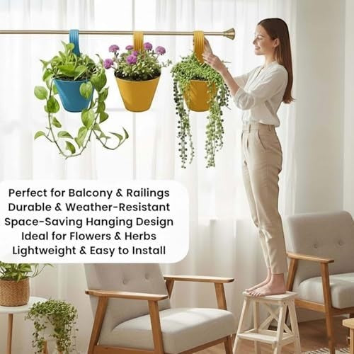 GoHooked multicolored plastic railing planters with plants, perfect for balcony gardening. Set of 4.