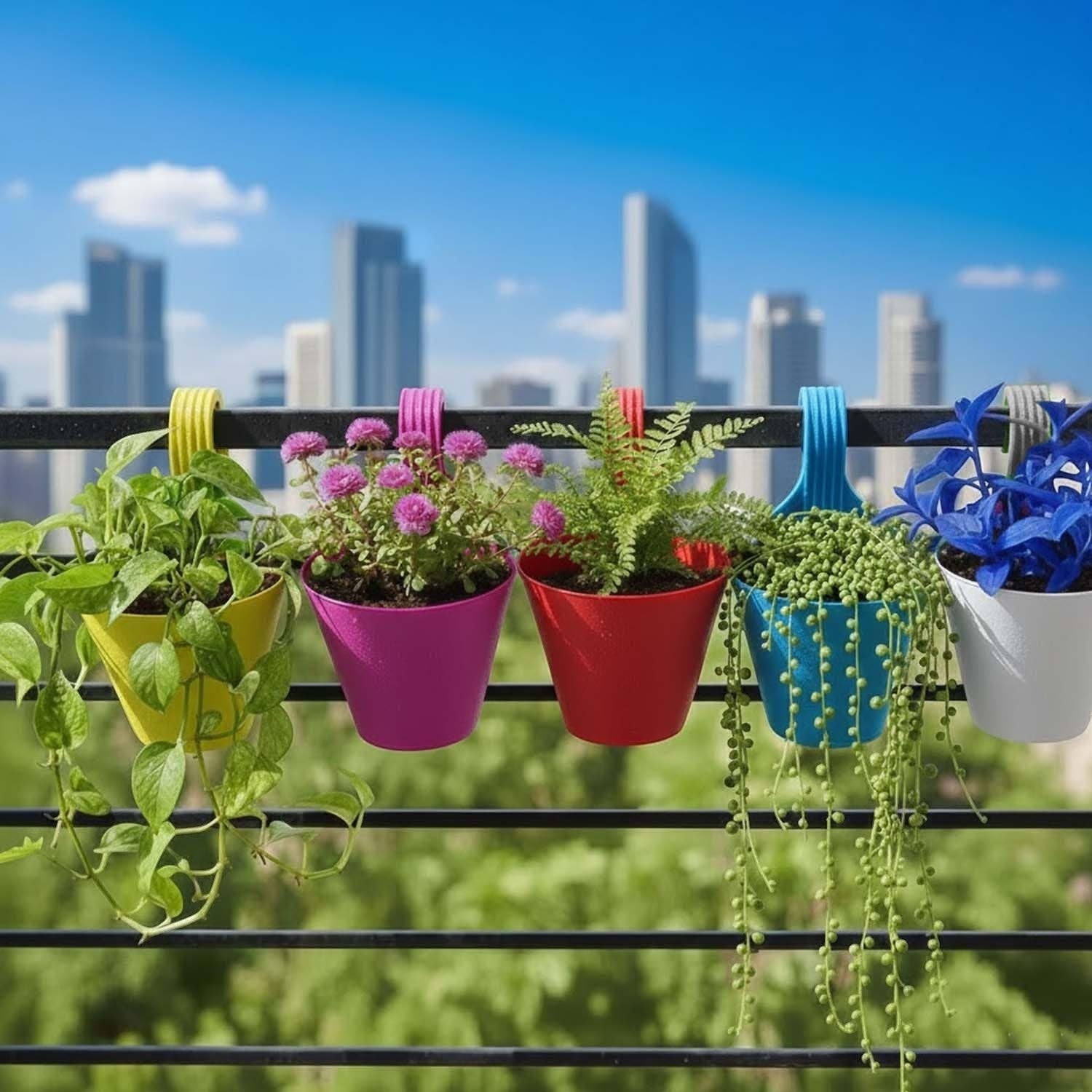 GoHooked multicolored plastic railing planters with hooks, set of 5, for balcony gardening.