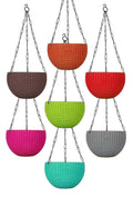 GoHooked set of 7 multicolored plastic rattan hanging baskets with metal chains. Features woven texture.