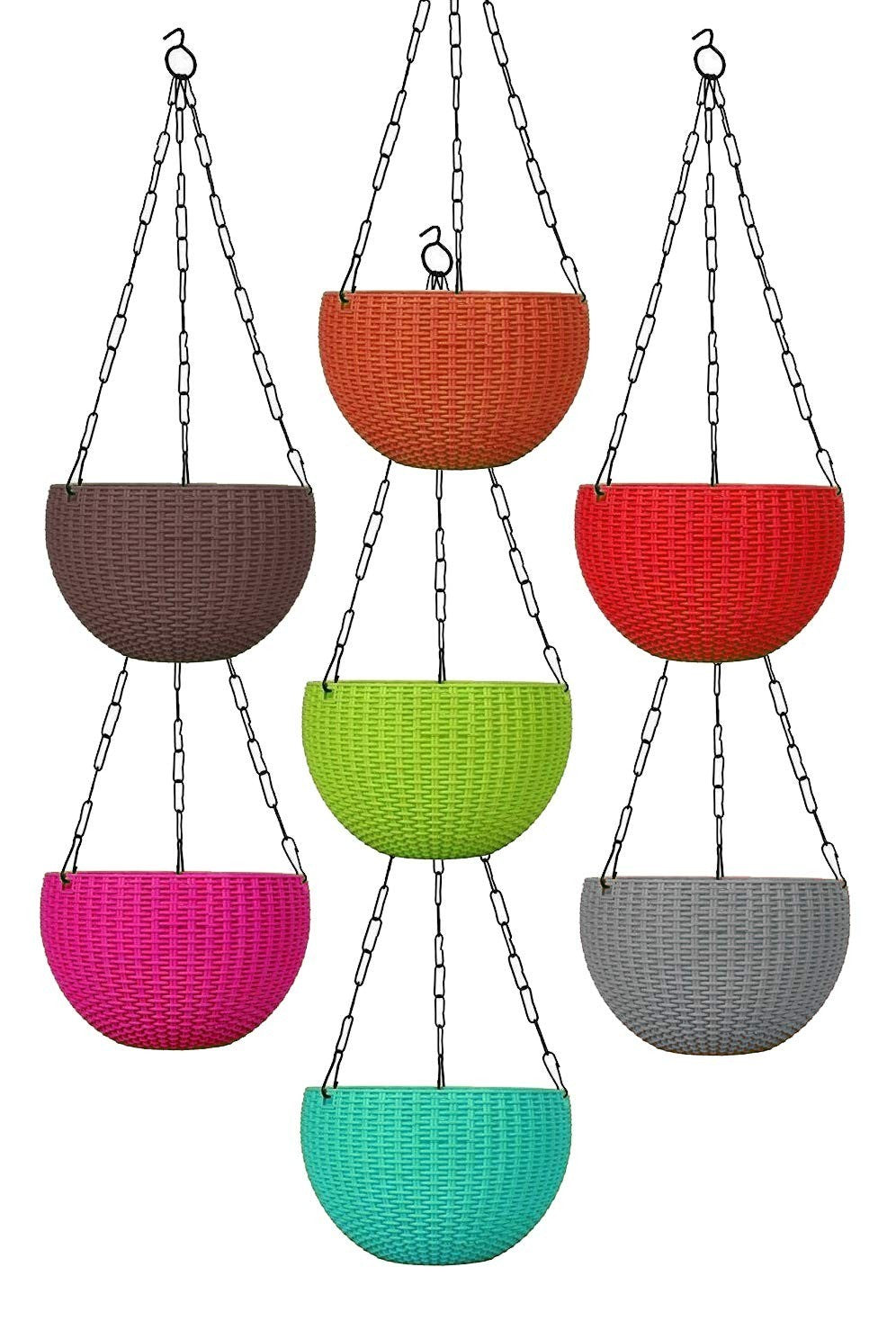 GoHooked set of 7 multicolored plastic rattan hanging baskets with metal chains. Features woven texture.