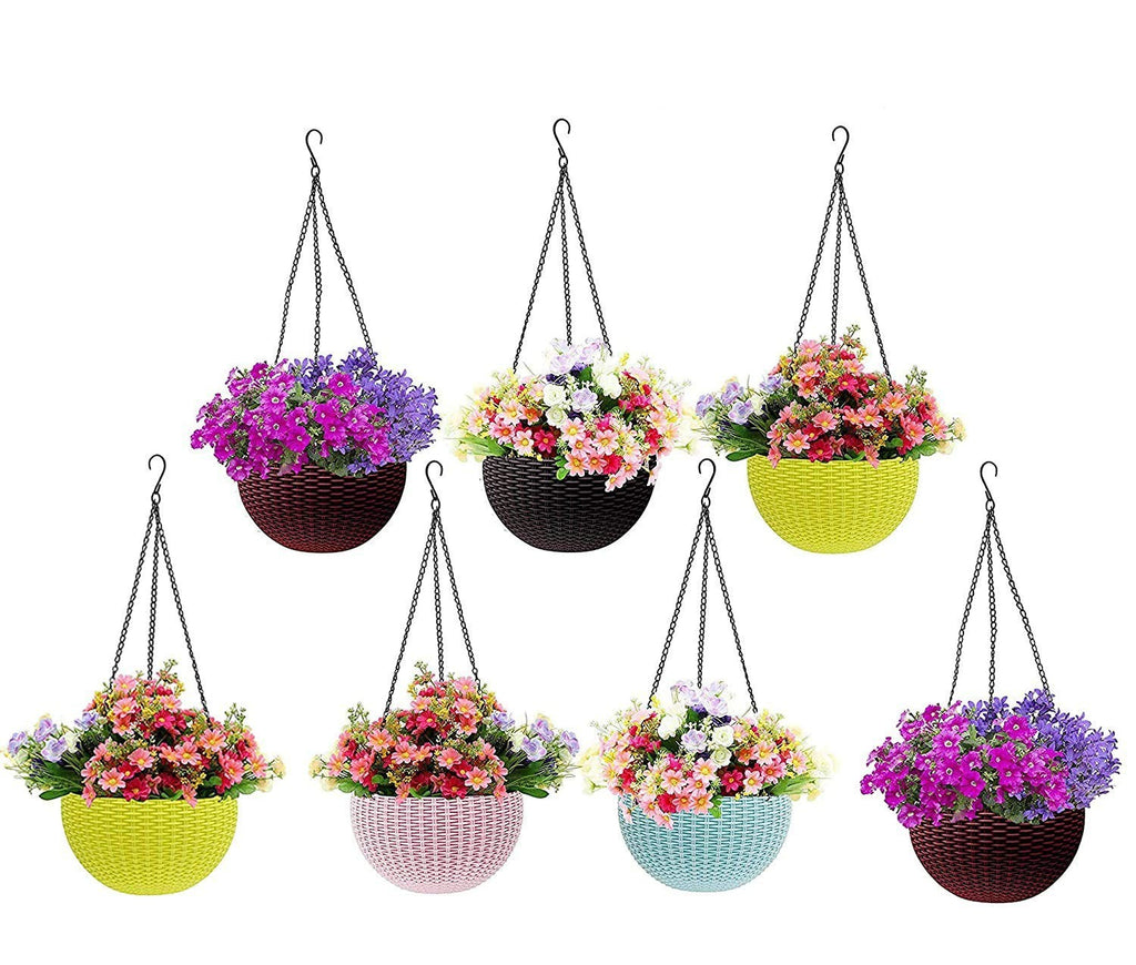 GoHooked assorted color plastic rattan hanging planters with flowers. Pack of 3, 7.1" diameter.