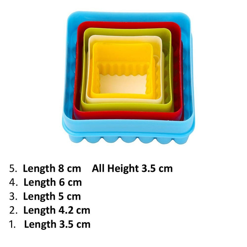 GoHooked multicolor plastic square cookie cutters set of 5, with scalloped and straight edges.