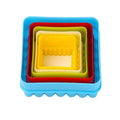 Go Hooked multicolor plastic square cookie cutters set of 5, with scalloped edges for baking and crafts.