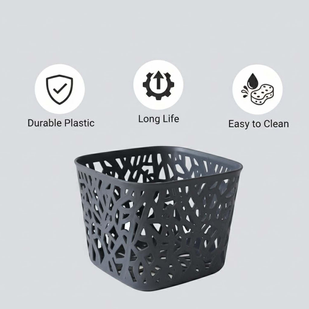 Go Hooked dark gray plastic storage basket with a decorative cutout pattern. Ideal for home or office organization.