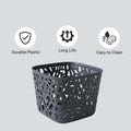 Go Hooked dark gray plastic storage basket with a decorative cutout pattern. Ideal for home or office organization.